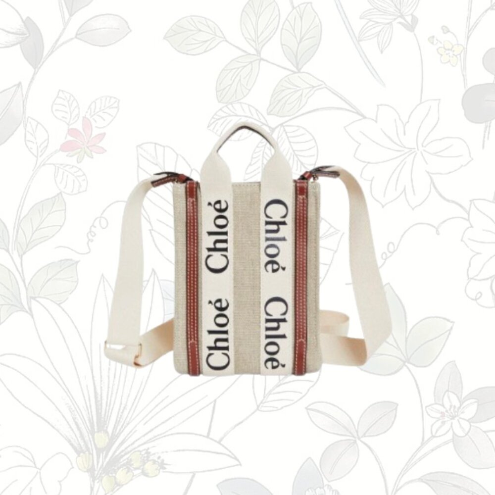 Chloé Mini Woody Linen Canvas North/South Tote- White-Brown - Picture 3 of 15